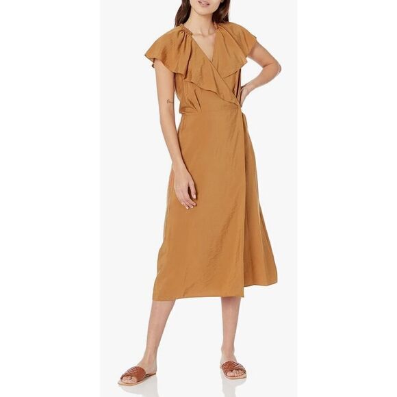 Vince Women's Braid Trim Flutter Sleeve Wrap Dress in Copper NWT Size XL - Picture 1 of 7